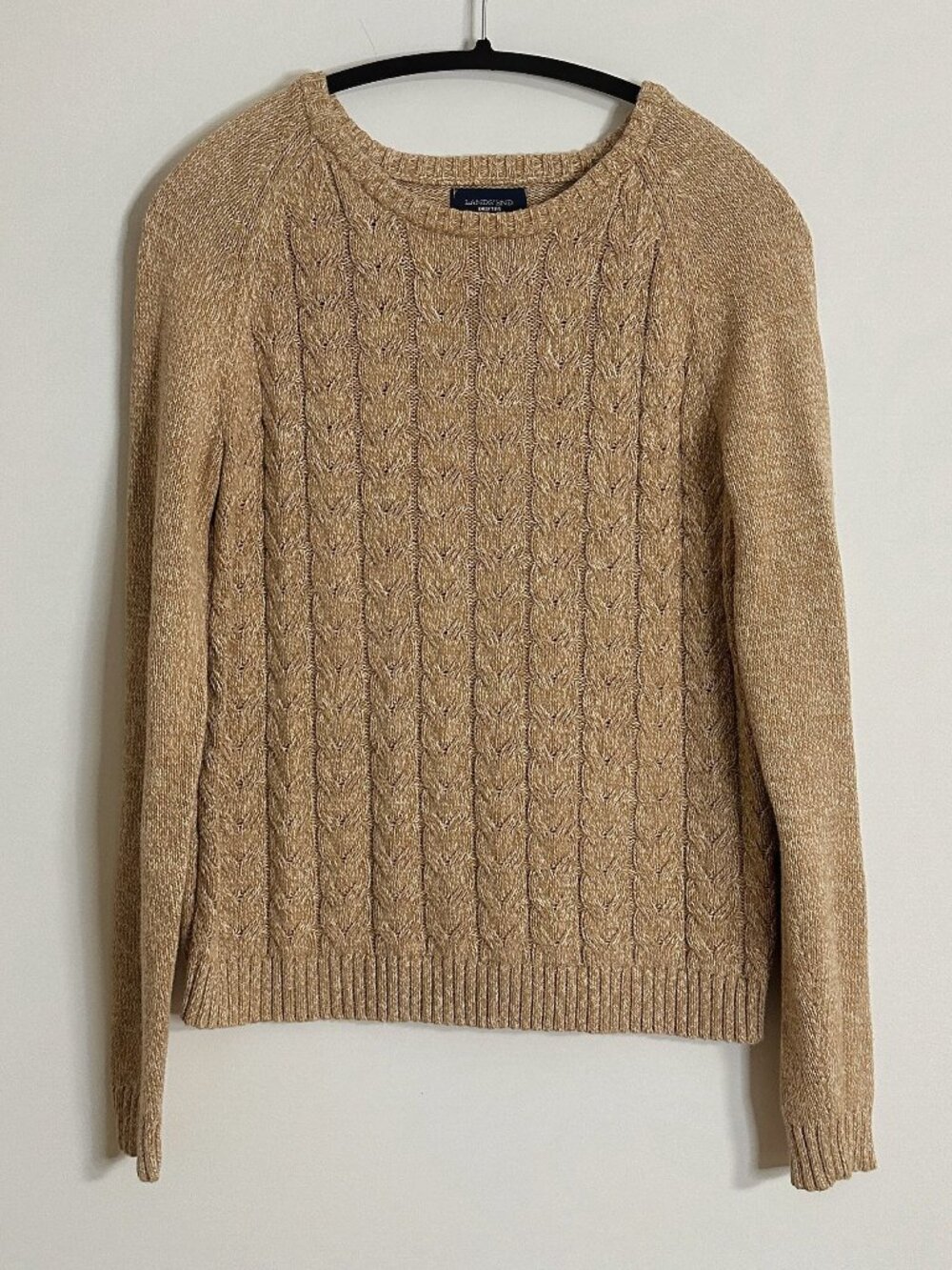 Lands’ End Drifter Cable Knit Sweater Tan Marled Cotton Crewneck Size L 14-16